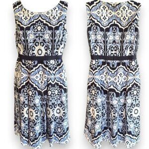 Talbots Petites Sleeveless Navy & White Geometric Print Cotton Dress – Size 4P